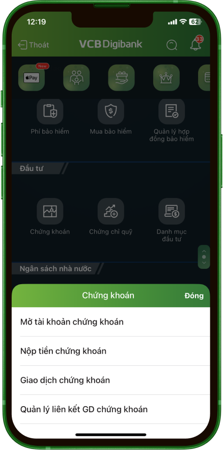 <p>Ở m&agrave;n h&igrave;nh ch&iacute;nh, tại mục Đầu tư h&atilde;y chọn =&gt;&nbsp;<strong>Chứng Kho&aacute;n =&gt; Mở t&agrave;i khoản chứng khoản</strong></p>
